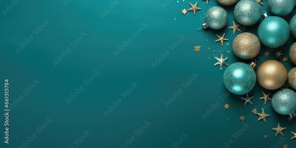 Flat lay table top view festive ornament decoration with copy space, turquoise background Flat lay table top view festive ornament decoration with copy space, turquoise background