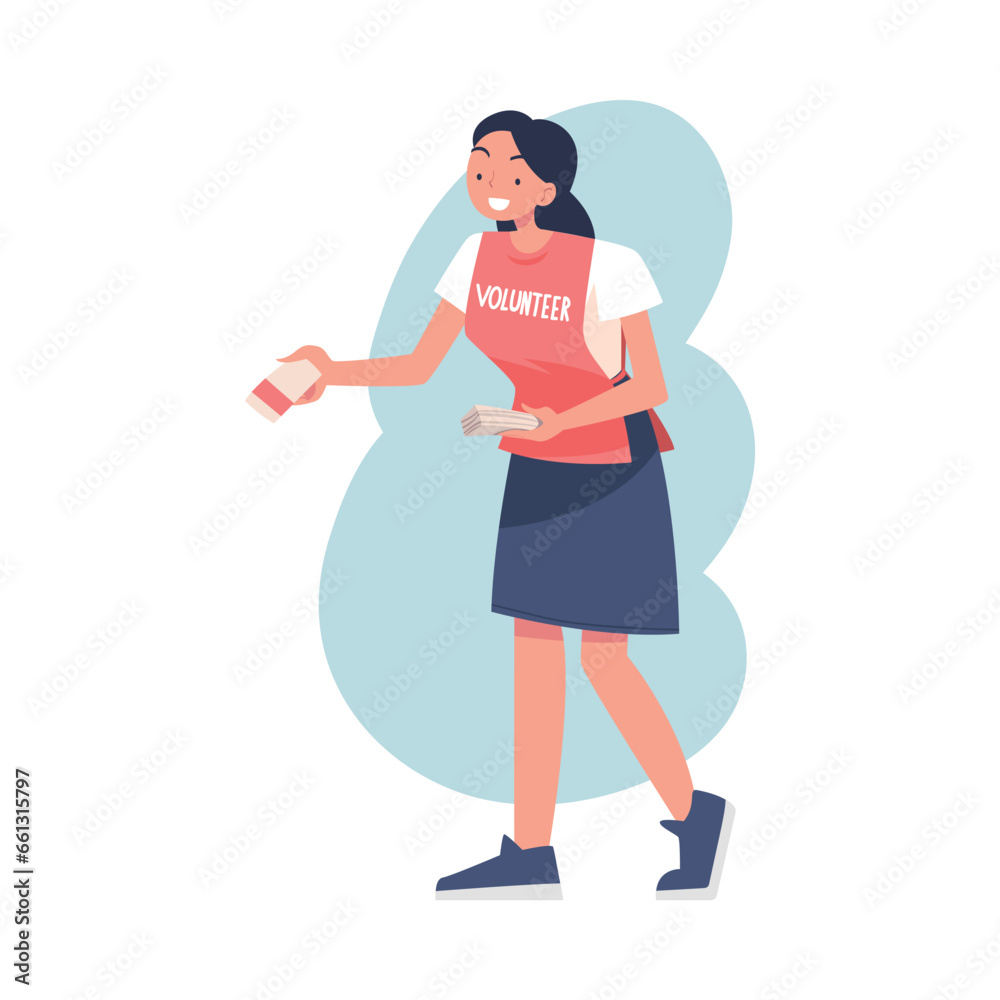 Woman Volunteer Character Giving Flyers Vector Illustration Woman Volunteer Character Giving Flyers Vector Illustration