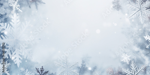 Frame made of snow with snowflakes and ice crystals on blue background, top view with space for text © britaseifert