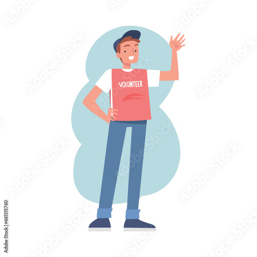 Man Volunteer Character Standing and Waving Hand Greeting Vector Illustration