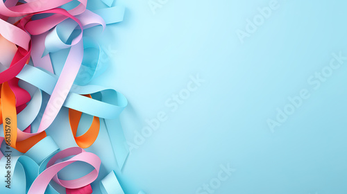 Colorful ribbons on light blue background, flat lay with space for text, World Cancer Day. generative ai