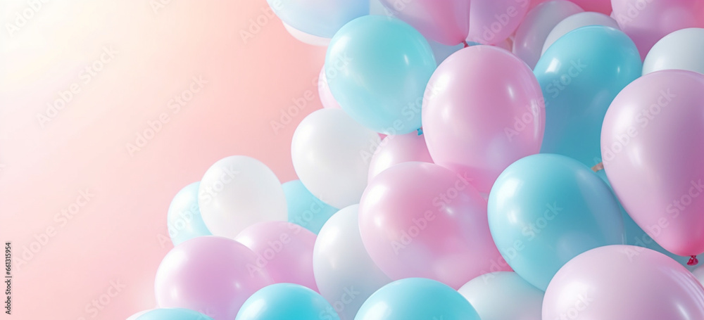 Beautiful panoramic background with pink and blue balloons, Group of pastel party balloons on soft background, Concept of happiness, joy, birthday, Wide Angle Holiday Web Banner With Copy Space