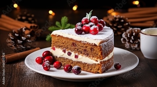 Front view of a piece of Christmas cake decorated with cranberries.