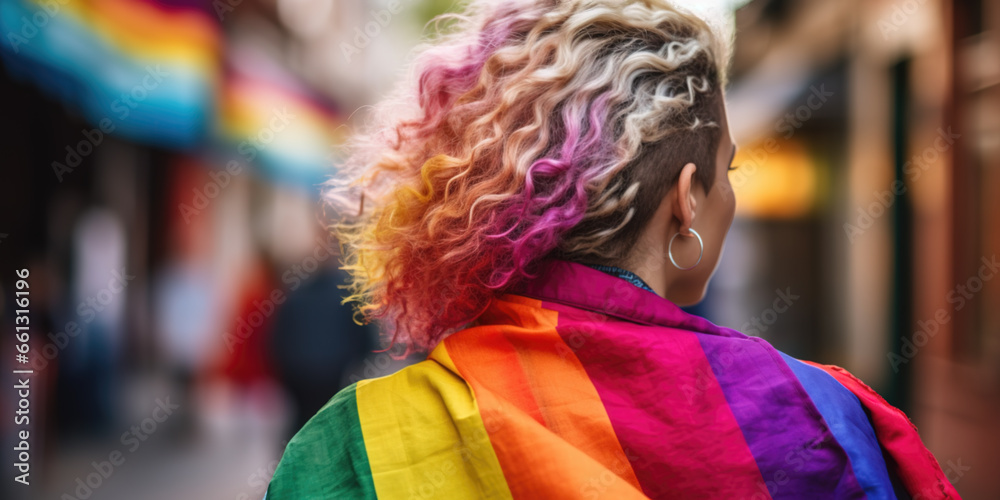 Middle-aged young woman from behind wrapped into a LGBTQ flag