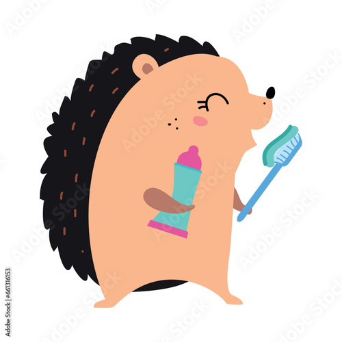 Prickly Hedgehog Character Brushing Teeth with Toothbrush as Hygiene Vector Illustration