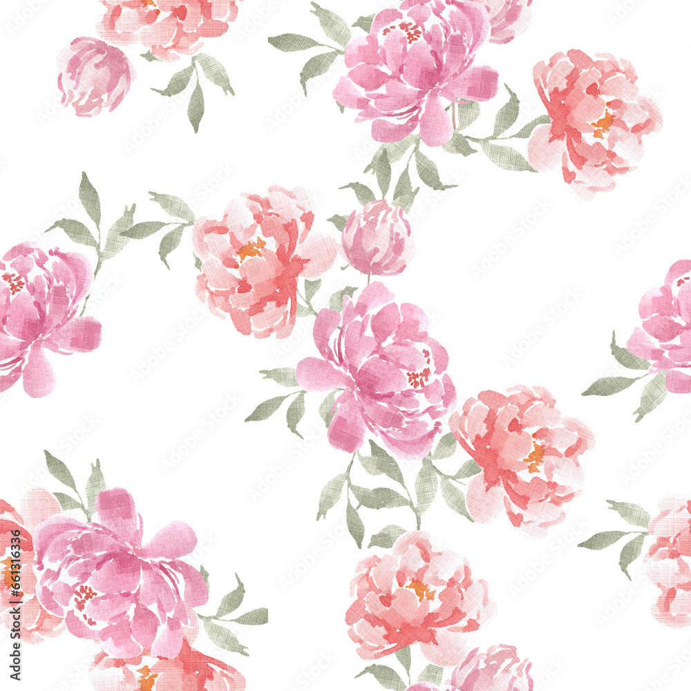 Pink and Red Peony Watercolor Flower Seamless Pattern