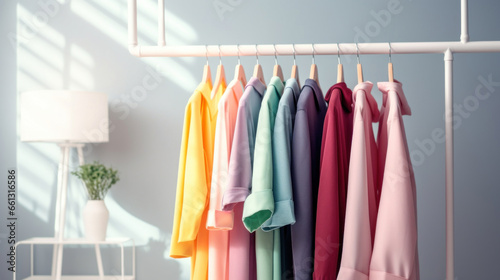 Colorful clothes on clothing rack