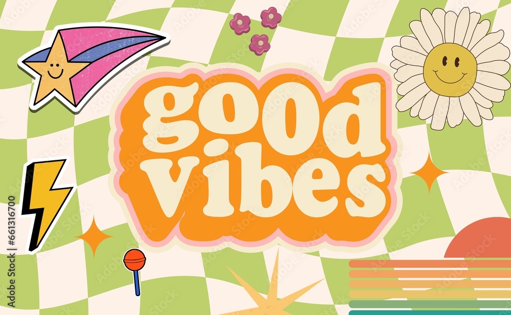 Good vibes retro vector with colorful multi-color background, star, flower illustration