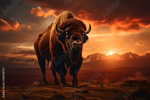 Close up of a Bison Buffalo in wild over mountain background. Celebrate Bison Day © akualip