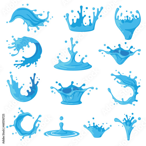 Blue Water Splashes as Aqua Motion with Drops Vector Set
