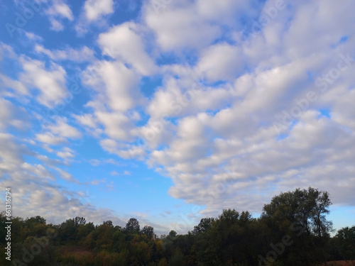 Blue sky with clouds and silhouettes of trees on the horizon.