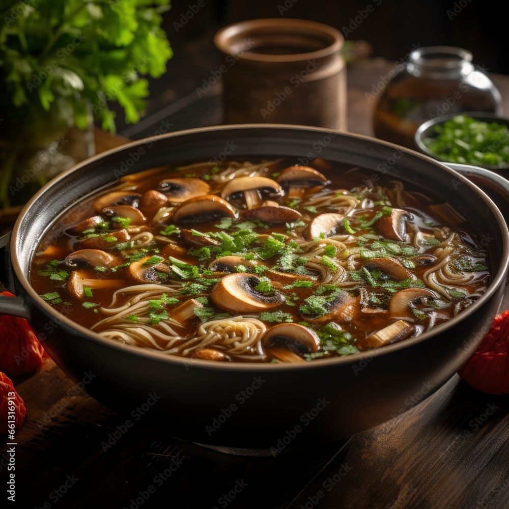 Asian dish of mushroom broth with shiitake and other Asian mushrooms. Asian dish of mushroom broth with shiitake and other Asian mushrooms.
