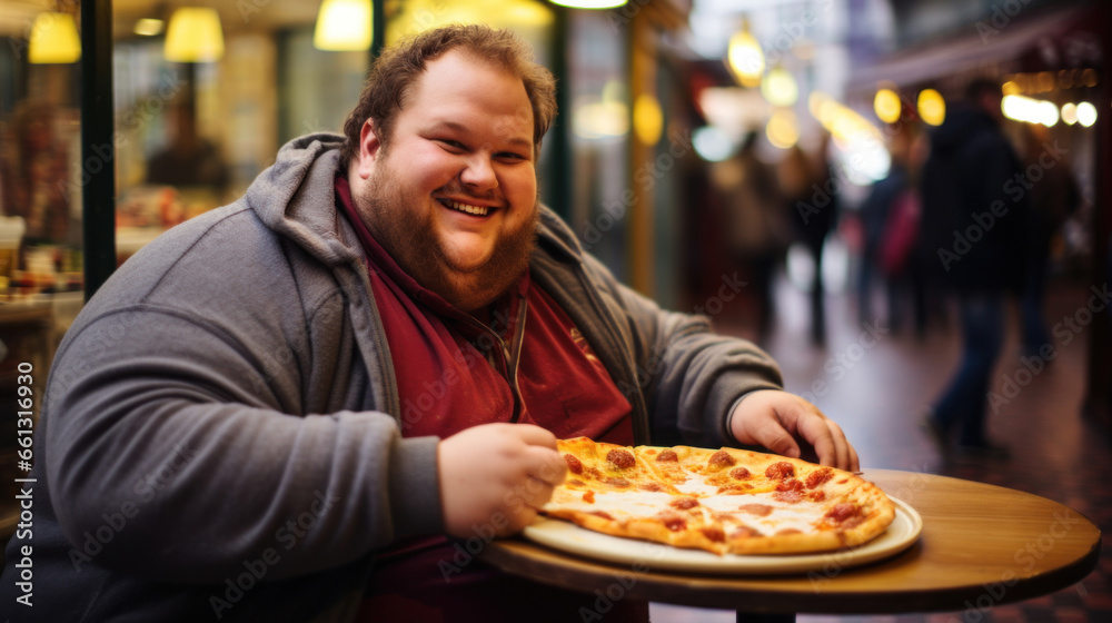 Fat happy man in restaurant or cafe with pizza