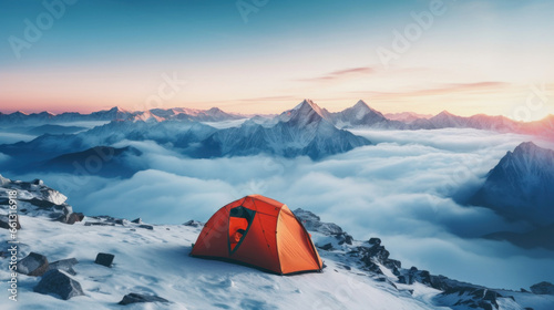 Orange tent in the snow with mountains and sunset in the background