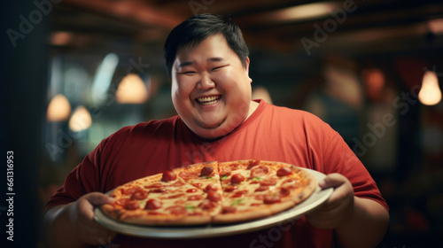 Fat happy asian man in restaurant or cafe with pizza