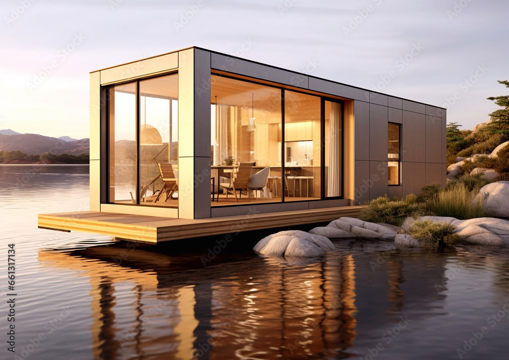 Evening lake with modern tiny house with modern design and furniture.AI Generative - obrazy, fototapety, plakaty 
