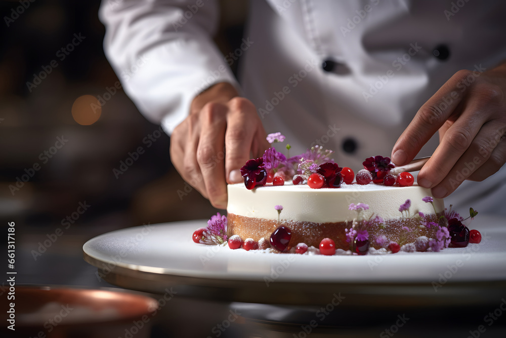 Master chef cook arranging cake on plate Master chef cook arranging cake on plate
