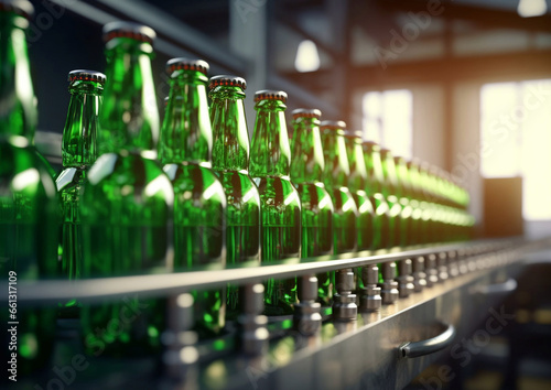 Beer factory conveyor with green glass bottles on modern production line.Macro.AI Generative
