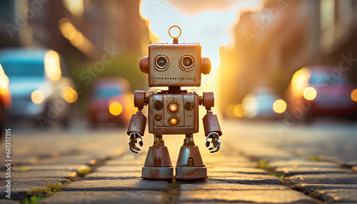 little cute robot smiling at sunset
