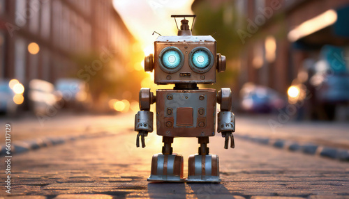 little cute robot smiling at sunset photo