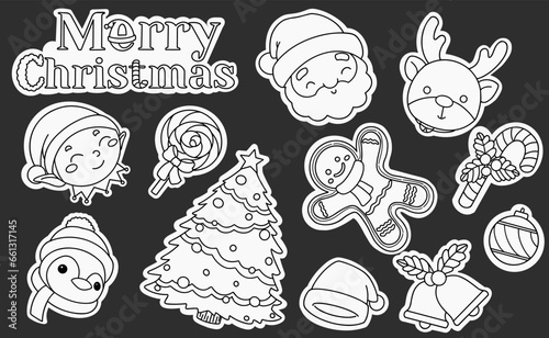 Christmas Hand Drawn Black and White Stickers Set