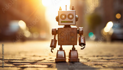 little cute robot smiling at sunset photo