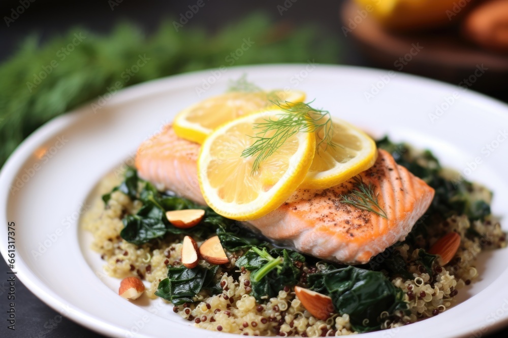 a bland salmon filet on a bed of lemon-infused quinoa a bland salmon filet on a bed of lemon-infused quinoa