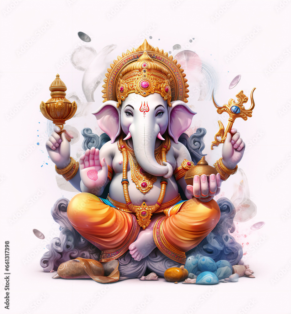 Ganesha with four arms, religious traditional god elephant white color in cartoon character isolated on white background