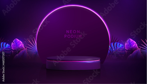Fluorescent neon showcase background with 3d podium and tropic leaves.  Summer nature concept. Vector illustration