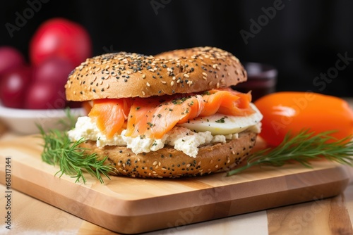 bagel with salmon and cream cheese, garnished with dill