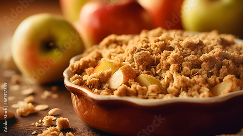 Sweet crumble cake with apples and cinnamon on table