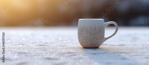 Cup of coffee in the snow. Winter background with snowflakes
