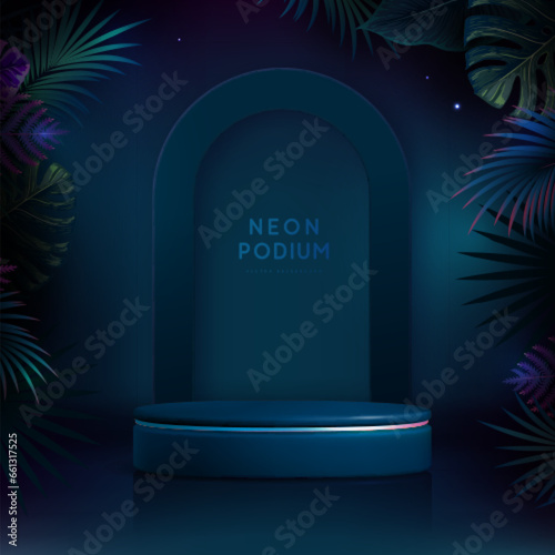 Fluorescent neon showcase background with 3d podium and tropic leaves.  Summer nature concept. Vector illustration