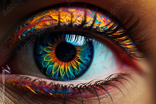 minimalist close-up of an eye's iris, emphasizing its intricate patterns and vibrant colors to celebrate the beauty of the human eye.