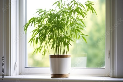 pot of bamboo on a bare, white window sill © altitudevisual