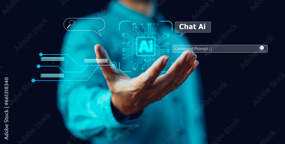 Virtual graphic Global Internet Chat with AI cpu for generates. Ai tech, Artificial Intelligence Futuristic technology transformation. Businessman connect Command prompt. Digital computer concept - obrazy, fototapety, plakaty 