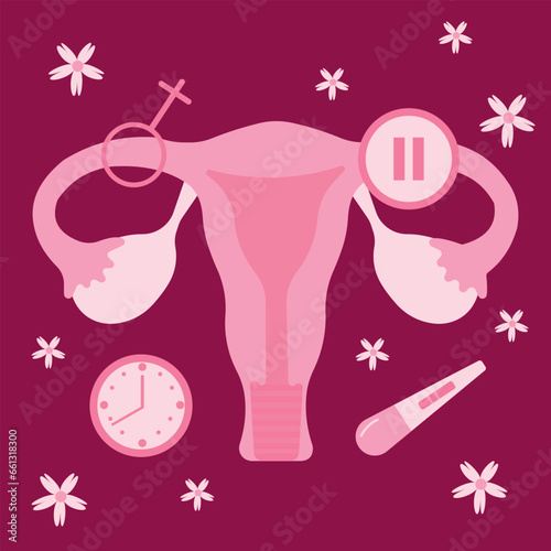 Women's health, menopause, conceiving a child on time. World Menopause Day. The concept of medicine, gynecology. Female uterus with clock, pregnancy test and pause sign.