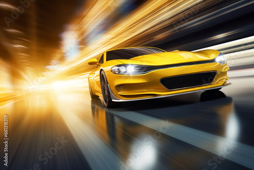 yellow car at high speed along the highway obscures the speed of movement 3d rendering AI generative   photo