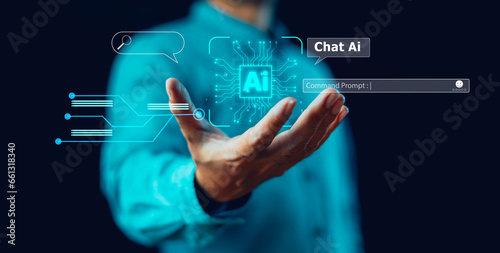 Virtual graphic Global Internet Chat with AI cpu for generates. Ai tech, Artificial Intelligence Futuristic technology transformation. Businessman connect Command prompt. Digital computer concept photo