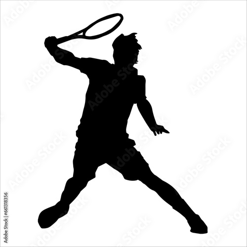 Silhouette of a male tennis player in action pose. Silhouette of a man playing tennis sport with racket.