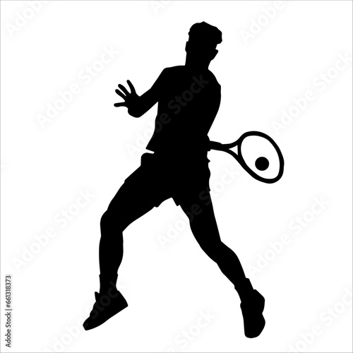 Silhouette of a male tennis player in action pose. Silhouette of a man playing tennis sport with racket. © anom_t