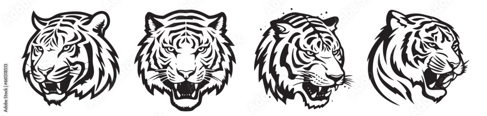 Tiger heads black and white vector, silhouette shapes illustration