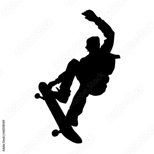 Silhouette of a male in action pose on skateboard. Silhouette of an urban boy on skateboard.