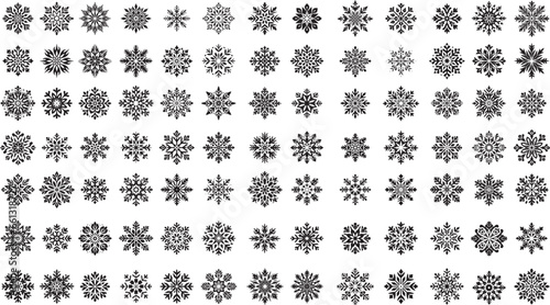 Set of snowflakes of different shapes, black and white vector, silhouette shapes illustration