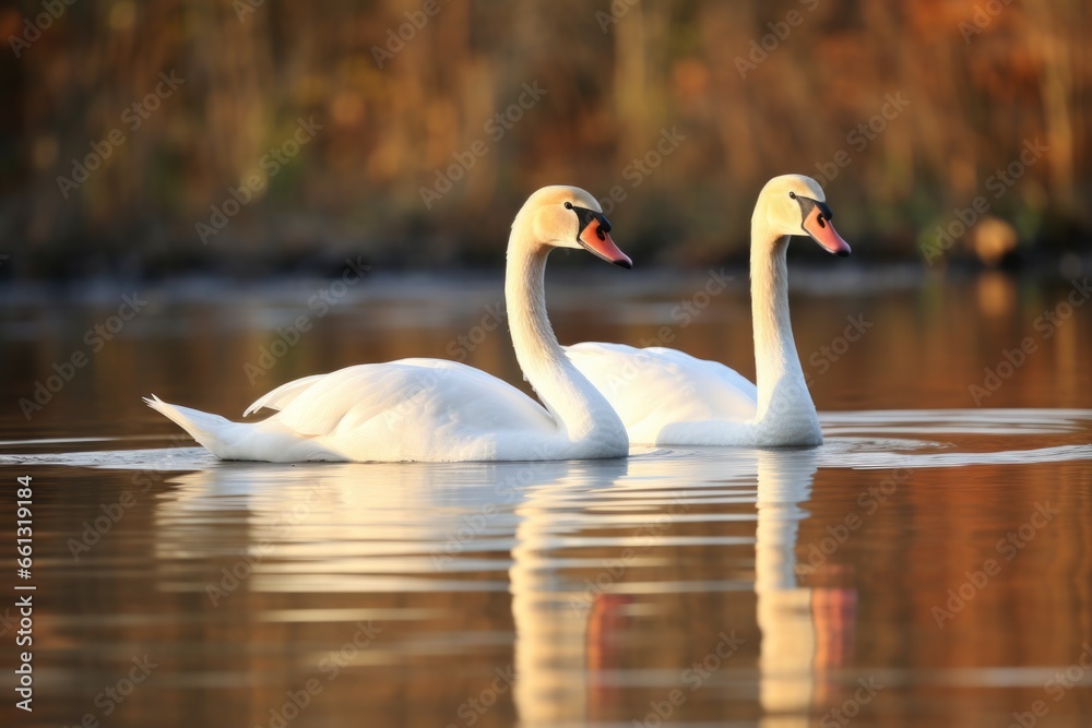 two adult swans floating together on a peaceful pond two adult swans floating together on a peaceful pond