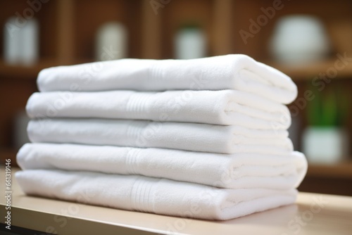 white towels stacked on shelf in a spa