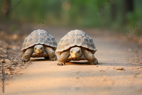 twin tortoises moving in stride