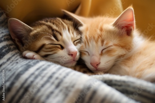 two kittens cuddling together while asleep