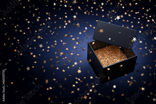 Black open box and confetti in the form of stars