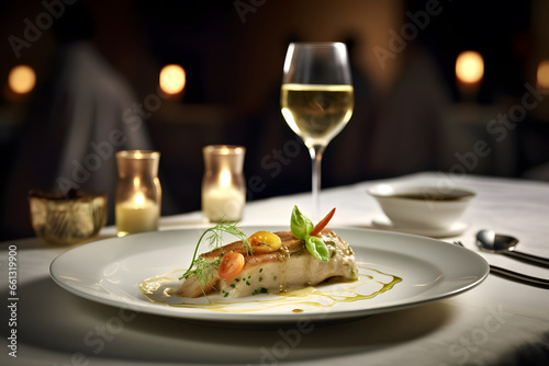 Fine dining chefs exclusive dish with cold white wine on table in restaurant